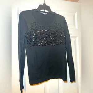 Teagan Woman’s Mixed Media Black Sweater Sequins & Beading Size Small